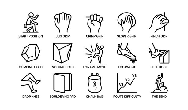 Rock climbing techniques and equipment icons for effective training