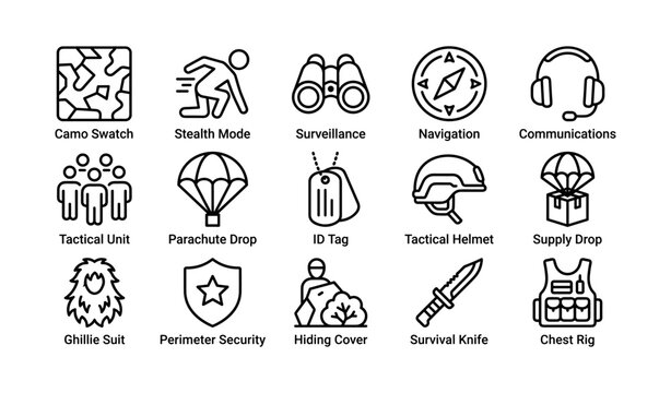 Tactical symbol icons featuring camo, surveillance, navigation, and security gear