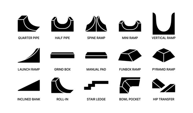 Skatepark ramp and obstacle icons: quarter pipe, half pipe, spine ramp, mini ramp, vertical ramp