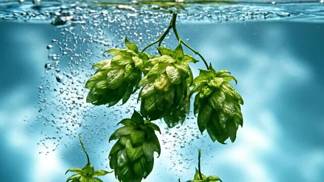 Fresh green hops being submerged in water with bubbles creating a visual display of brewing ingredients