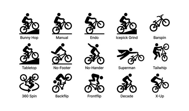 Bmx stunt icons: bunny hop, tailwhip, barspin, superman, frontflip techniques illustrated