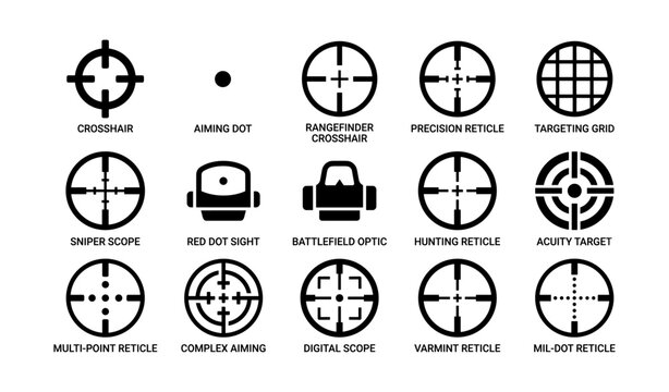 Collection of various sight reticles and aiming dots for target practice