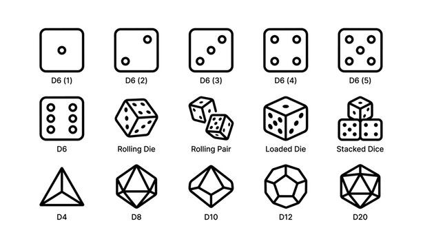 Variety of dice: d4, d6, d8, d10, d12, d20 with multiple configurations