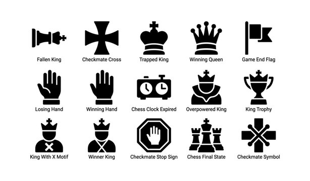 Chess symbols: fallen king, winning queen, checkmate cross, game end flag, trophy