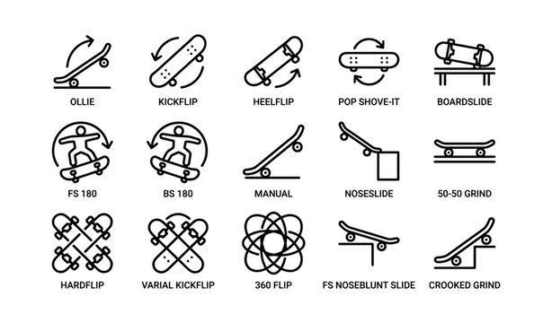 Skateboarding tricks: ollie, kickflip, heelflip, grinds, and flips illustrated