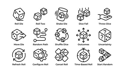 Fototapeta premium Dice icons: roll, shake, shuffle, and more - 15 dice illustrations