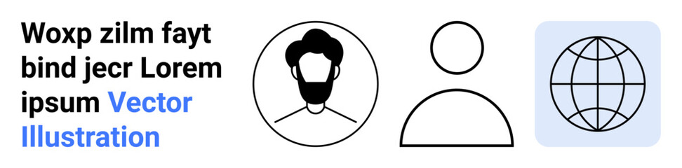 Obraz premium Social media, personal identity, online communication, global connection, networking, branding. Minimalistic icons of a bearded male profile, generic user silhouette and globe. Social media