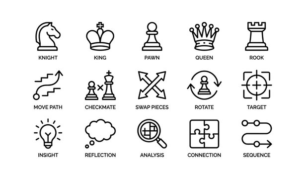 Chess icon set: knight, king, pawn, queen, rook, strategy symbols
