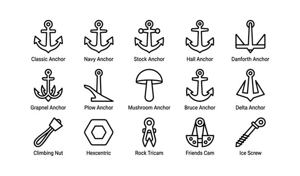 Icons of anchors and climbing equipment with various designs and styles