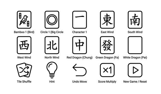 Mahjong game icon set with directions, dragons, and action buttons
