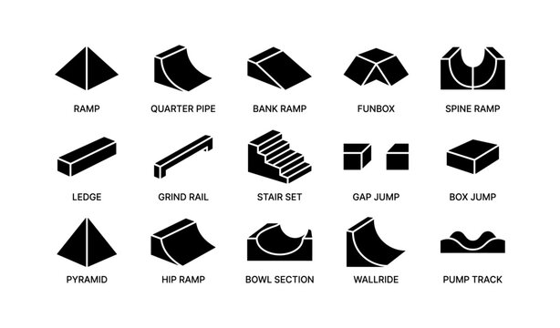 Skatepark elements: ramps, pipes, and jumps icon set for extreme sports