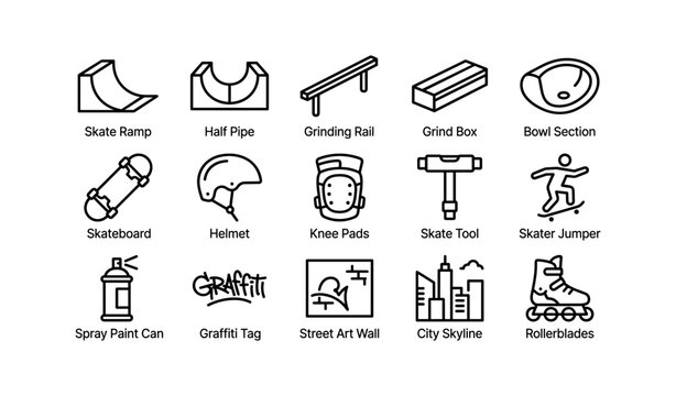 Skatepark icons: ramps, boards, pads, tools, graffiti, and skating elements