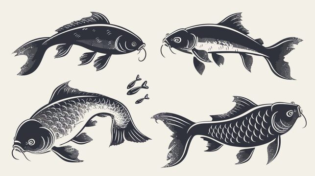 Four stylized koi fish in various orientations, rendered with a textured, vintage feel