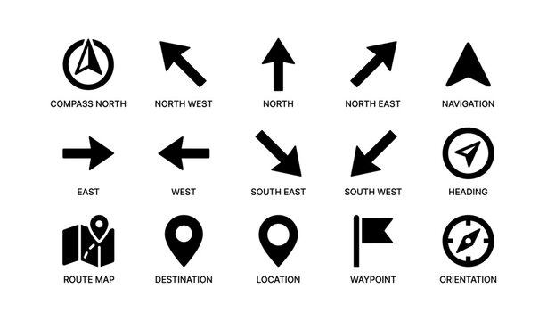 Navigation symbols: compass, arrows, and map icons for direction and travel guidance