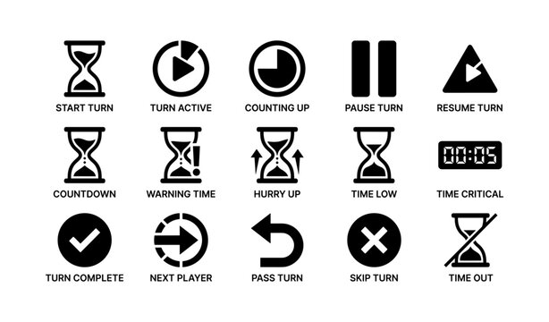 Board game timer icons: countdown, pause, resume, warning, timeout symbols