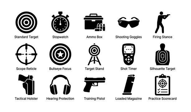 Shooting gear and target practice icons for firearms training equipment