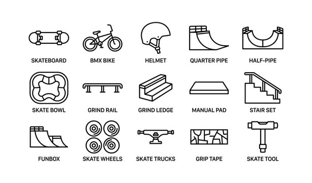 Outline icons of skateboard gear and bmx equipment for extreme sports enthusiasts