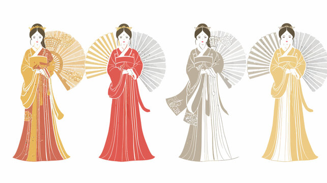Four women in traditional Chinese dress, holding fans, colored differently, on a white background