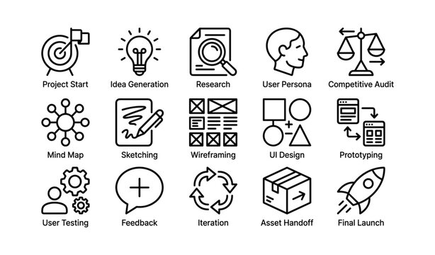 Visual guide to project management and design process steps in icons