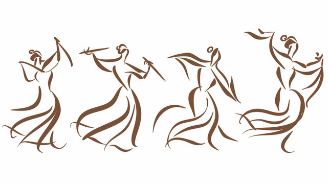 Brown line art of four stylized figures dancing gracefully with flowing skirts