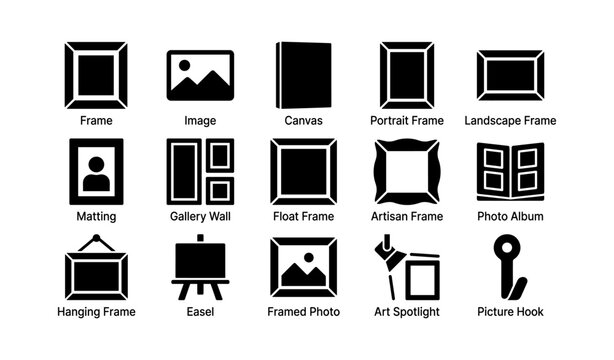 Types of picture frames and hanging tools icons set
