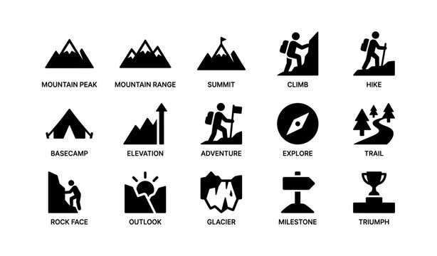 Series of icons depicting hiking and mountain adventure activities