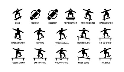 Obraz premium Skateboarding tricks icons: ollie, kickflip, grind, slide techniques