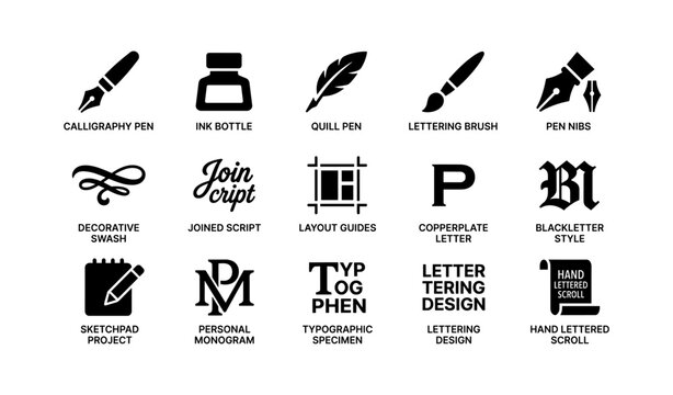 Calligraphy and lettering tools icons: pens, brushes, nibs, guides