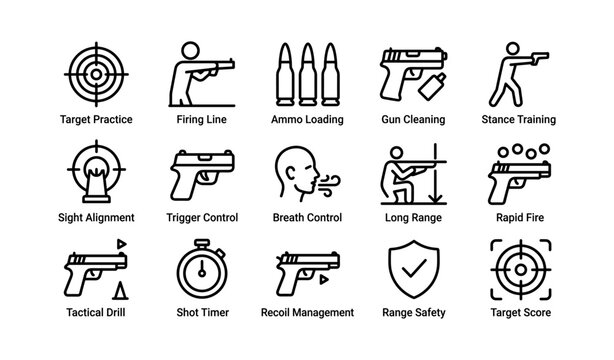 Firearm training icons: practice, safety, techniques, equipment, targeting illustrated