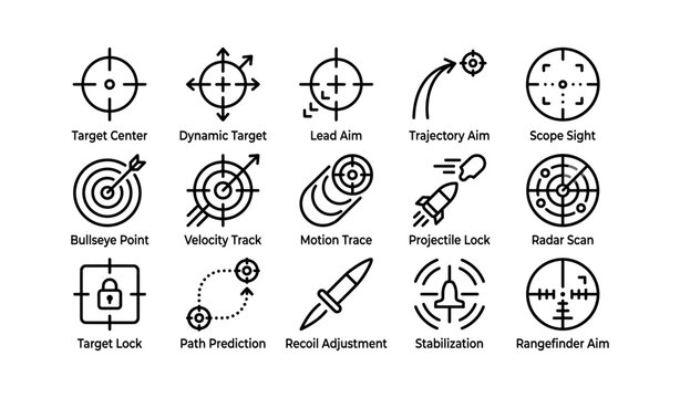 Set of precision target aim icons for accurate shooting and tracking