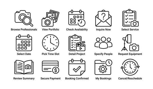 Icon set for booking services with calendar, camera, and checklist symbols