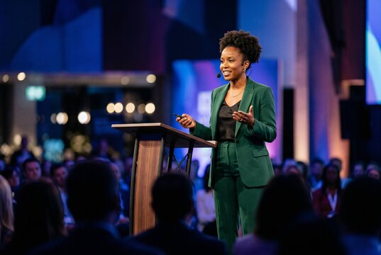 Confident female executive delivering a leadership speech on stage at a professional summit, captured with sharp focus and flattering lighting, showcasing a poised and engaging presence