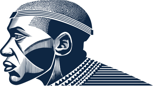A side-profile illustration in dark blue tones, depicting a human face with intricate line work