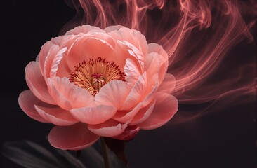 Fototapeta premium Soft pink peony blooms with ethereal red smoke swirling around