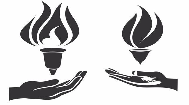 Two monochrome icons of stylized hands presenting flaming torches in an abstract design