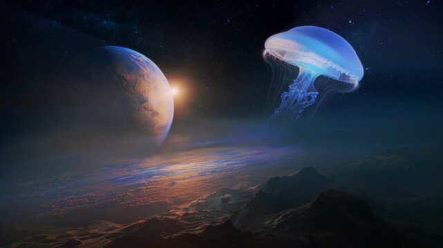 A bioluminescent jellyfish floats serenely in the vastness of space, near a distant planet bathed in the warm glow of a setting sun. Evokes a sense of cosmic wonder and the possibility of alien life.