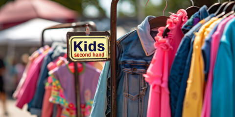 Obraz premium Colorful children's clothes hanging on a rack with a kids second hand sign at an outdoor thrift market. Sustainable fashion, resale shopping, and affordable secondhand clothing concept for families