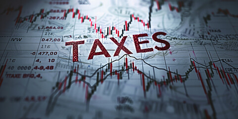Taxes concept with the word taxes placed over financial charts, numbers, and market data. Business, accounting, fiscal policy, and tax planning theme with analytical background