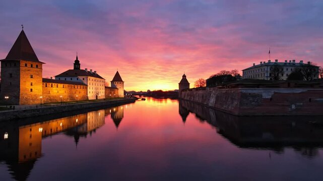 Scenic view of Narva Castle and river during a vibrant sunrise reflecting in the water