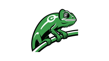 Fototapeta premium A cartoon-style green reptile, with a stylized white symbol on its back, perches on a branch