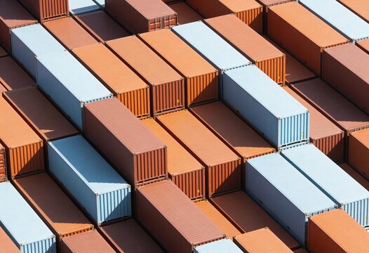 set of stacked shipping containers, industrial aerial photography of container storage yard with orange and blue cargo boxes in a rectangular grid pattern