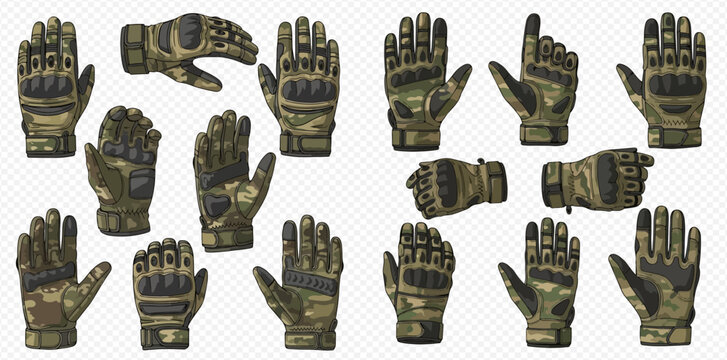 Set of military tactical gloves in various positions, isolated on a transparent background.