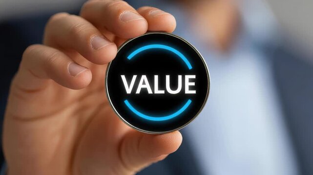 The Essence of Value: A close-up view captures a hand presenting a sleek, circular object emblazoned with the word VALUE, its design radiating a sense of worth and significance.