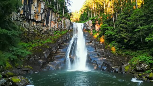 Majestic waterfall cascading into a clear turquoise pool surrounded by lush green forest and rocky cliffs