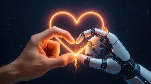 Human-Robot Affinity: A symbolic representation of unity, as a human and robot hand touch, forming an illuminated heart against a backdrop of technology and circuit.