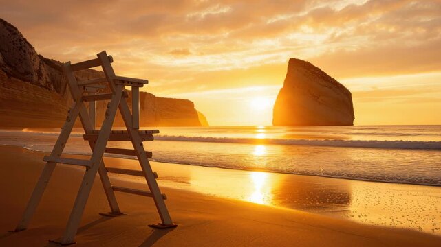 Golden Hour Spectacle: The sun paints the sky with golden hues over a serene beach, spotlighting a lifeguard stand. The tranquil ocean reflects the radiant sunlight, offering a glimpse of the sublime