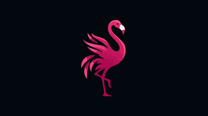 Fototapeta premium A pink flamingo logo on a black background, in a minimalist, geometric style. The bird is standing