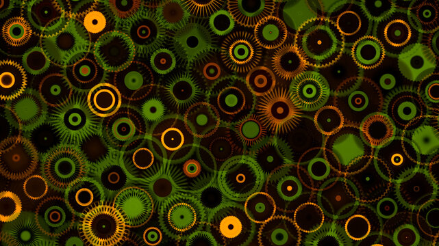 Industrial mechanical background design with realistic green and golden turning cogs machine gears abstract illustration