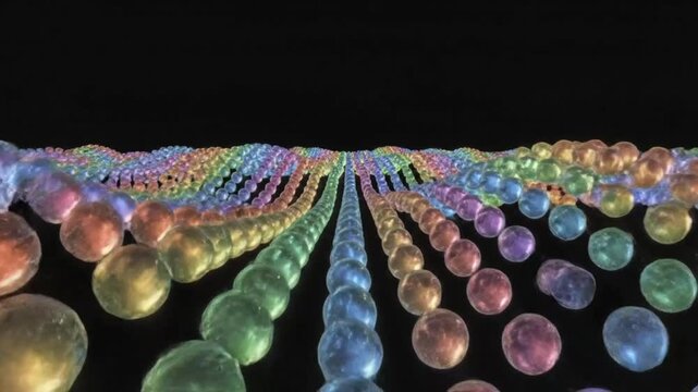 Abstract Colorful Bubbles Forming Waves Against Black Background, Dynamic Fluid Animation, Artistic Presentation