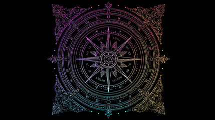 Obraz premium A compass rose illustration with gradient colors and ornate flourishes set against a black background